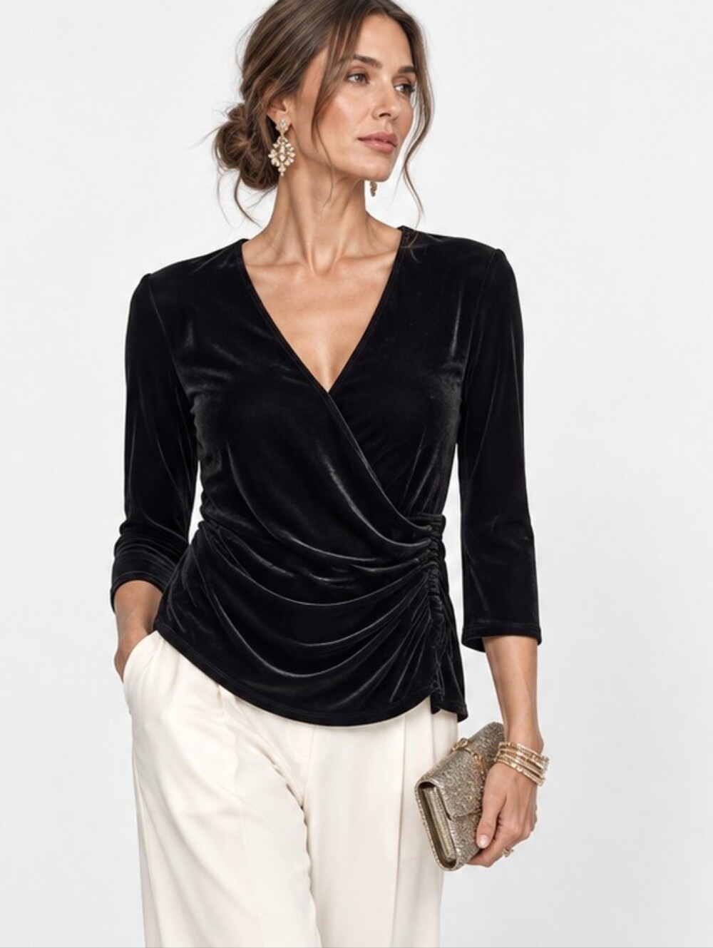 ONYX Nite Velvet Rusched Black Long Sleeve Top V-neck